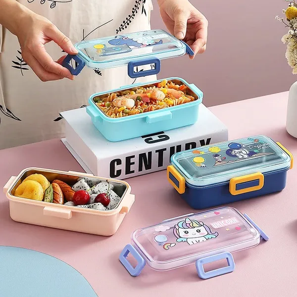 Snack_Stash_Lunch_Box_700Ml_2_Partition_Stainless_Steel_With_Spoon_&_Mini_Container_Dino,_Space_&_Unicorn_Prints_Bpa-Free
