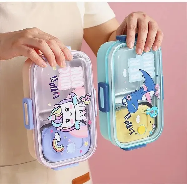 Snack_Stash_Lunch_Box_700Ml_2_Partition_Stainless_Steel_With_Spoon_&_Mini_Container_Dino,_Space_&_Unicorn_Prints_Bpa-Free