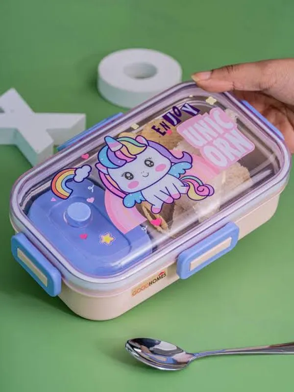 Snack_Stash_Lunch_Box_700Ml_2_Partition_Stainless_Steel_With_Spoon_&_Mini_Container_Dino,_Space_&_Unicorn_Prints_Bpa-Free