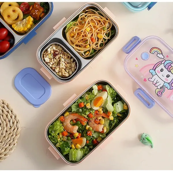 Snack_Stash_Lunch_Box_700Ml_2_Partition_Stainless_Steel_With_Spoon_&_Mini_Container_Dino,_Space_&_Unicorn_Prints_Bpa-Free