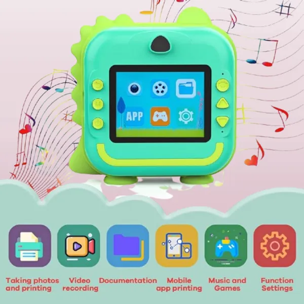 DINO_GREEN_Kids_Print_Camera_Zero-Ink_Kids_Instant_Camera_Hd_Video_+_Print_&_Play_Selfie_Mode_With_Thermal_Paper_&_Silicone_Ring