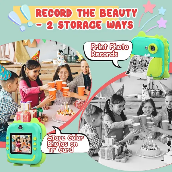 DINO_GREEN_Kids_Print_Camera_Zero-Ink_Kids_Instant_Camera_Hd_Video_+_Print_&_Play_Selfie_Mode_With_Thermal_Paper_&_Silicone_Ring