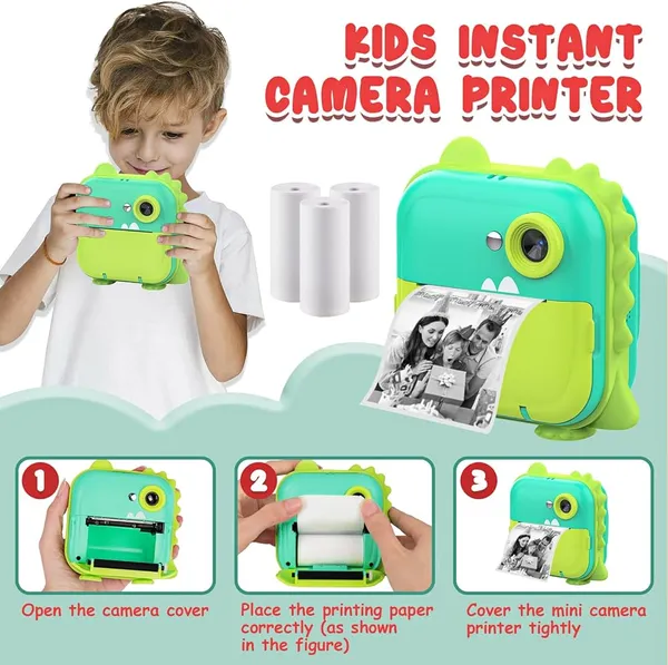 DINO_GREEN_Kids_Print_Camera_Zero-Ink_Kids_Instant_Camera_Hd_Video_+_Print_&_Play_Selfie_Mode_With_Thermal_Paper_&_Silicone_Ring