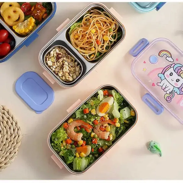 Snack_Stash_Lunch_Box_700Ml_2_Partition_Stainless_Steel_With_Spoon_&_Mini_Container_Dino,_Space_&_Unicorn_Prints_Bpa-Free