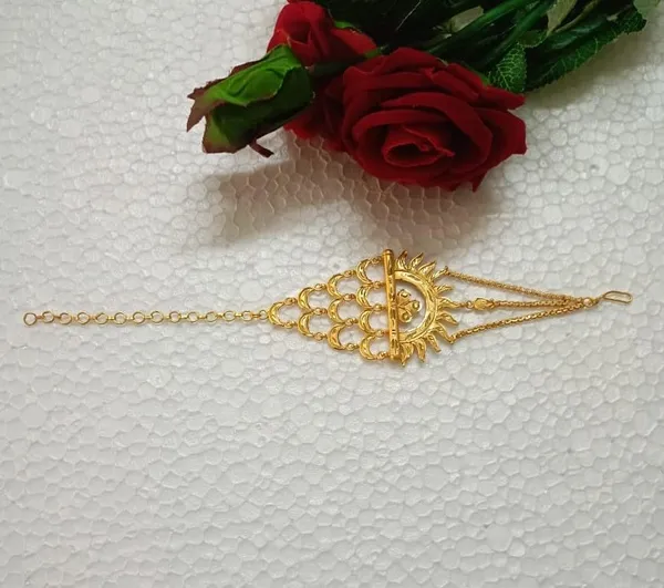 Purabi_Jewels_Gold_Plated_Mantasha_Bracelet_For_Women_Sun_Shine_Engraved_Design_Teardrop_Dangles_Chain_Closure_Indian_Ethnic_Style