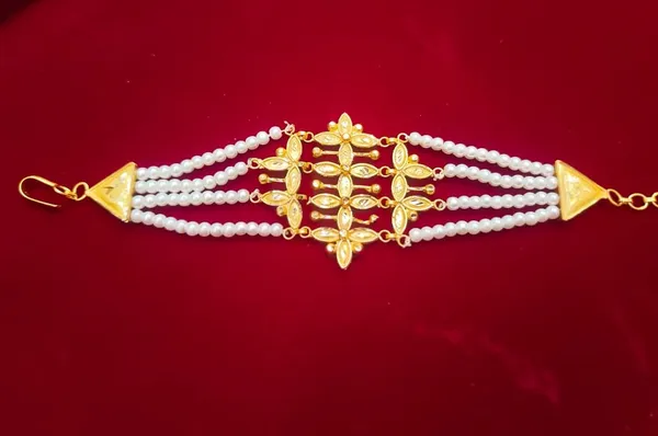 Purabi_Jewels_Gold_Plated_Floral_Pearl_Mantasha_Bracelet_For_Women_Multi_Strand_Pearl_Adjustable_Clasp_Traditional_Design_Gold_Plated_Finish_Bridal_Wear