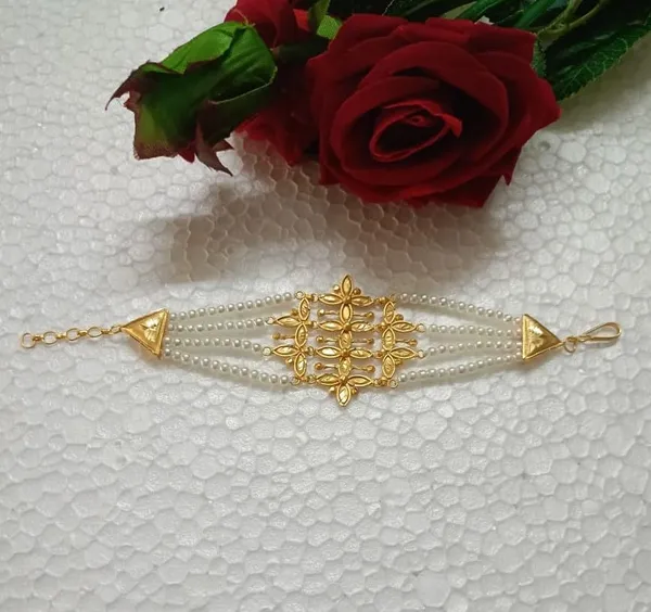 Purabi_Jewels_Gold_Plated_Floral_Pearl_Mantasha_Bracelet_For_Women_Multi_Strand_Pearl_Adjustable_Clasp_Traditional_Design_Gold_Plated_Finish_Bridal_Wear