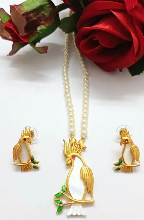 Purabi_Jewels_18k_Gold_Plated_Handcrafted_Cockatoo_Bird_On_Shell_Mother_Of_Pearl_Inlay_Pendant_With_White_Pearl_Necklace_And_Matching_Earrings_Set