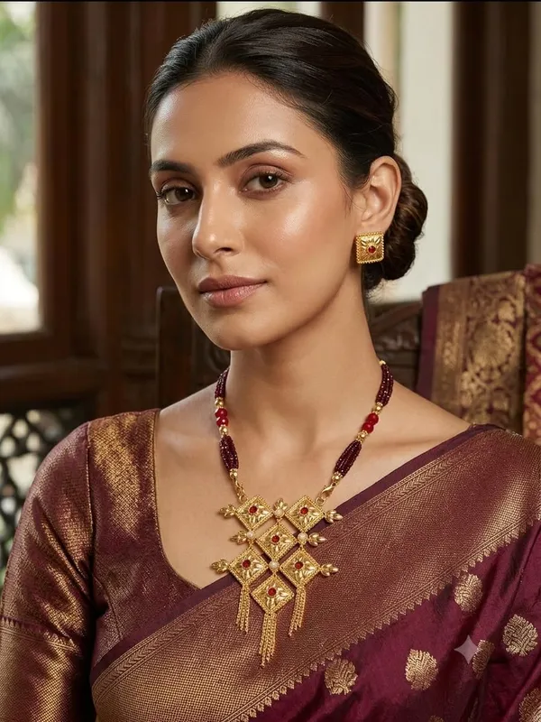 Purabi_Jewels_Red_Stone_Gold_Plated_Pendant_Necklace_Set_With_Earrings_For_Women