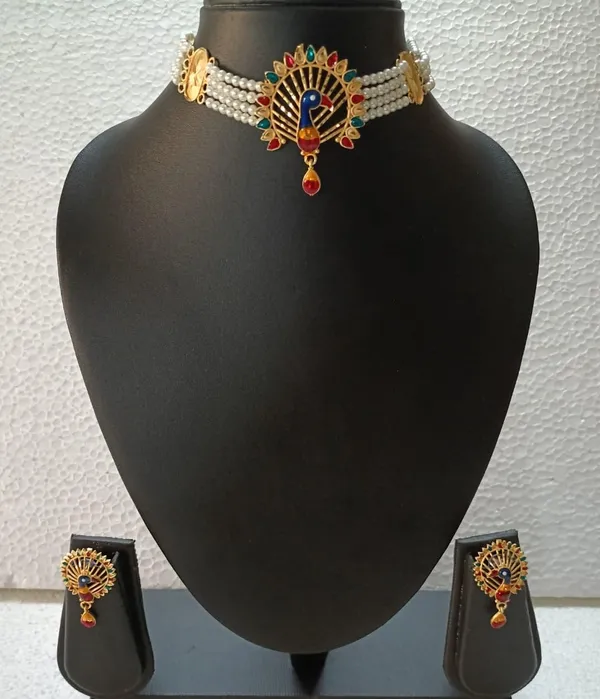 Purabi_Jewels_Peacock_Design_Gold_Plated_Pearl_Moti_Meenakari_Choker_Jewellery_Set