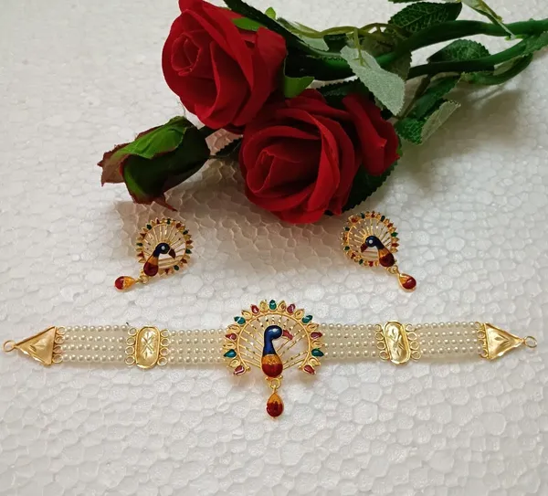 Purabi_Jewels_Peacock_Design_Gold_Plated_Pearl_Moti_Meenakari_Choker_Jewellery_Set