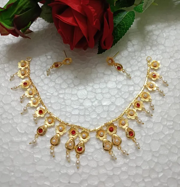 Purabi_Jewels_Gold_Plated_Flower_Design_Pearl_Red_Stone_Jewellery_Set_for_Women_Pearl_&_Red_Stone,_Includes_Earrings,_Floral_Motif_Design,_Gold_Plated_Finish,_For_Women_&_Girls