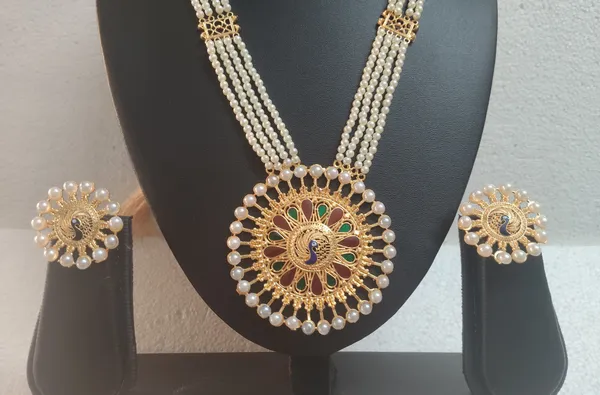 Purabi_Jewels_Gold_Plated_Multicolour_Elegant_Peacock_Design_Round_Pearl_Work_Ranihar_Jewellery_Set_for_Women_and_Girls