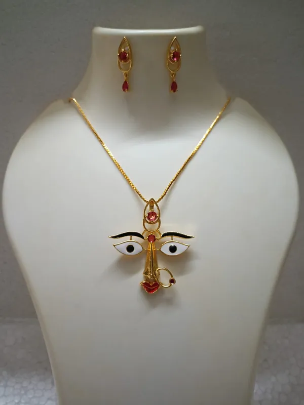 Purabi_Jewels_Innovative_Maa_Durga_Temple_Gold_Plated_Red_White_Stone_Pendant_With_Chain_Necklace_Set_With_Earring_Jewellery_Set_For_Women