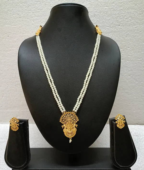 Purabi_Jewels_Trending_Double_Line_Pearl_Necklace_with_Gold_Plated_Pendant_Unique_Peacock_Design_Jewellery_Set_for_Women_and_Girls