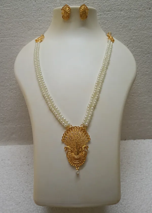 Purabi_Jewels_Trending_Double_Line_Pearl_Necklace_with_Gold_Plated_Pendant_Unique_Peacock_Design_Jewellery_Set_for_Women_and_Girls