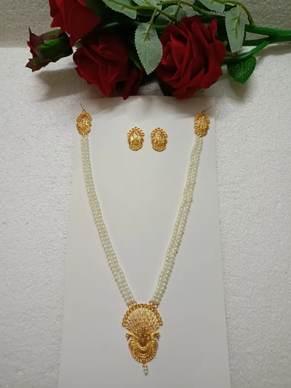 Purabi_Jewels_Trending_Double_Line_Pearl_Necklace_with_Gold_Plated_Pendant_Unique_Peacock_Design_Jewellery_Set_for_Women_and_Girls