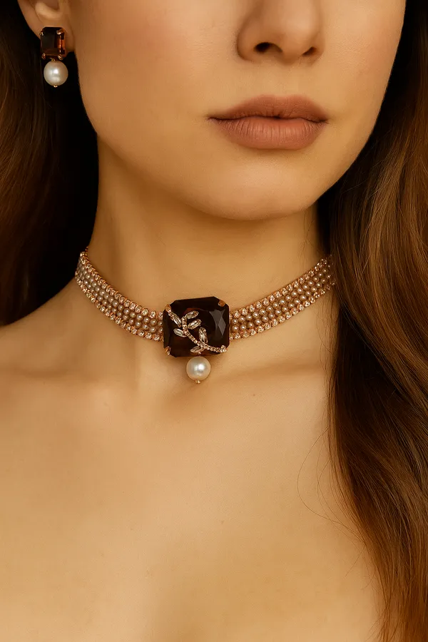 Rose_Gold_Platted_Brown_Single_Crystal_Diamond_And_Pearl_Set_With_Earrings_For_Women