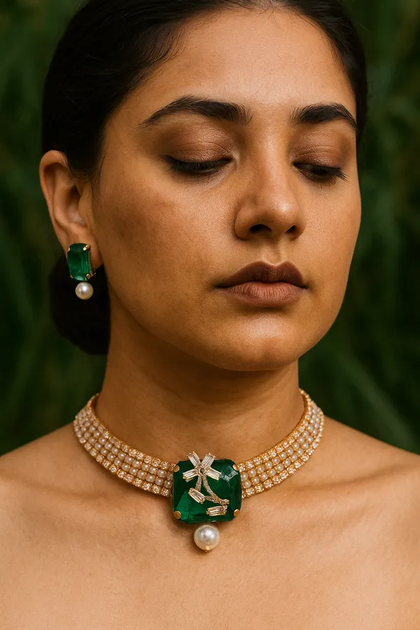 Rose_Gold_Platted_Green_Single_Crystal_Diamond_And_Pearl_Set_With_Earrings_For_Women
