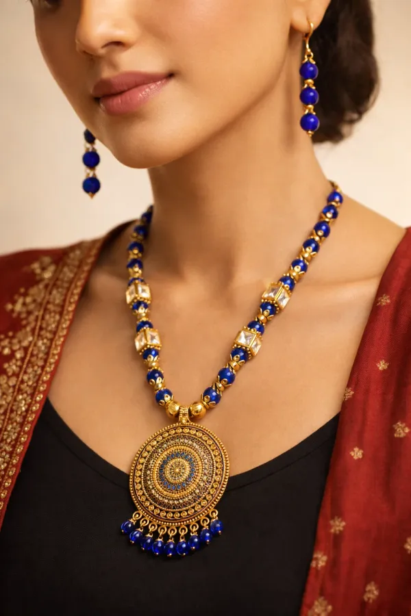 Gold_Plated_Hand_Crafted_Blue_String_Necklace_Set_With_Earings