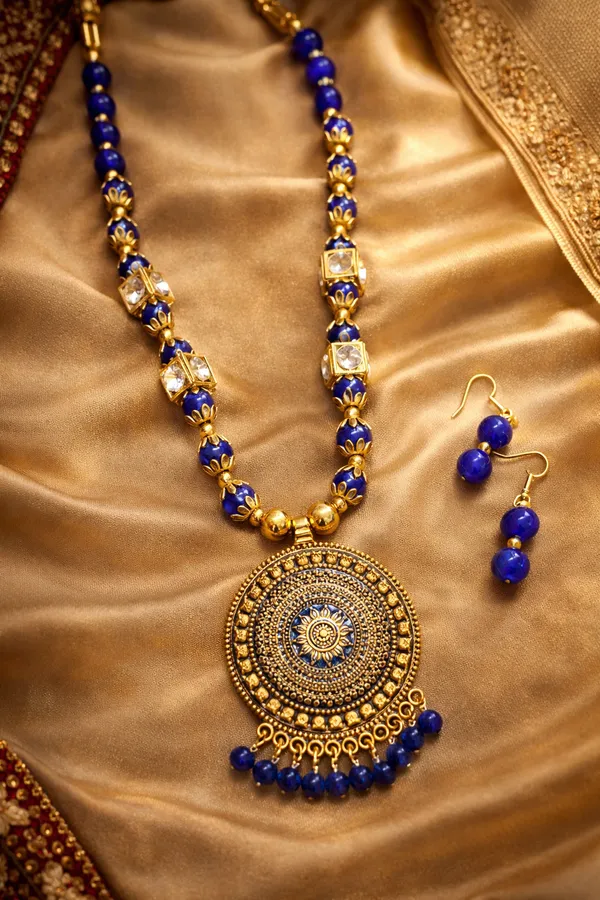 Gold_Plated_Hand_Crafted_Blue_String_Necklace_Set_With_Earings