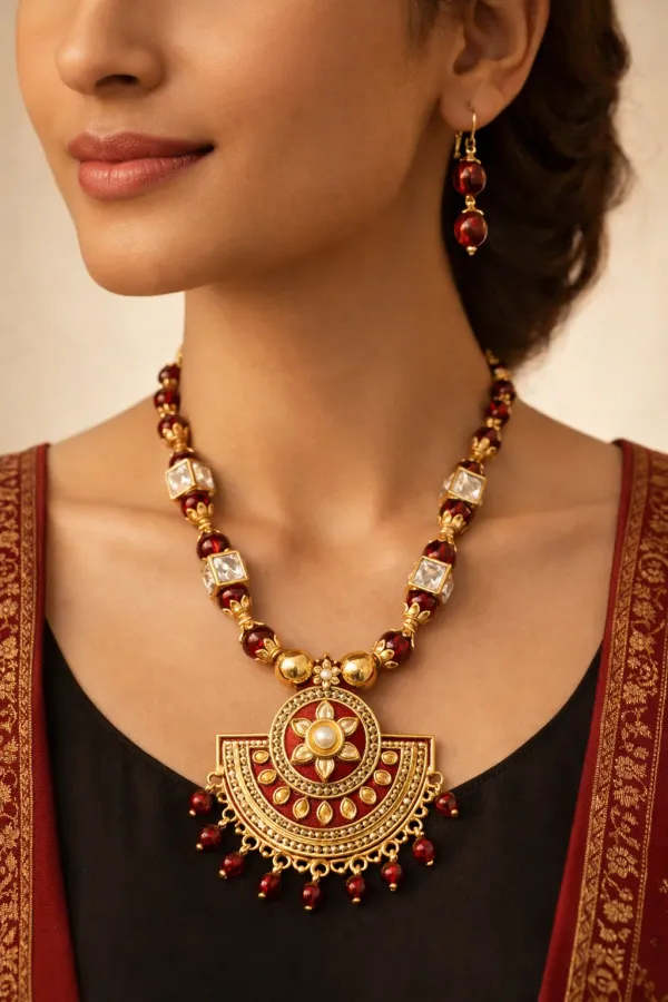 Gold_Plated_Hand_Crafted_Maroon_String_Necklace_Set_With_Earings