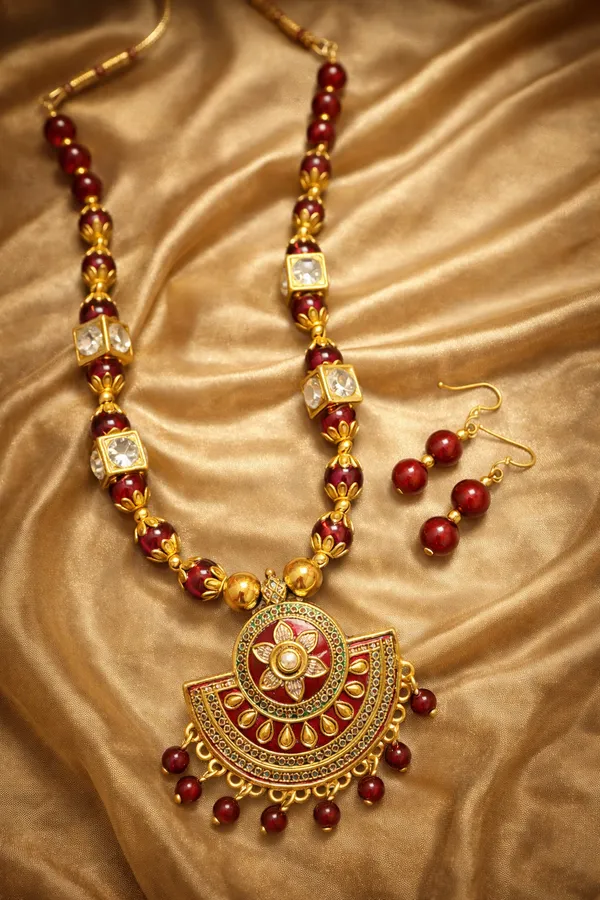 Gold_Plated_Hand_Crafted_Maroon_String_Necklace_Set_With_Earings