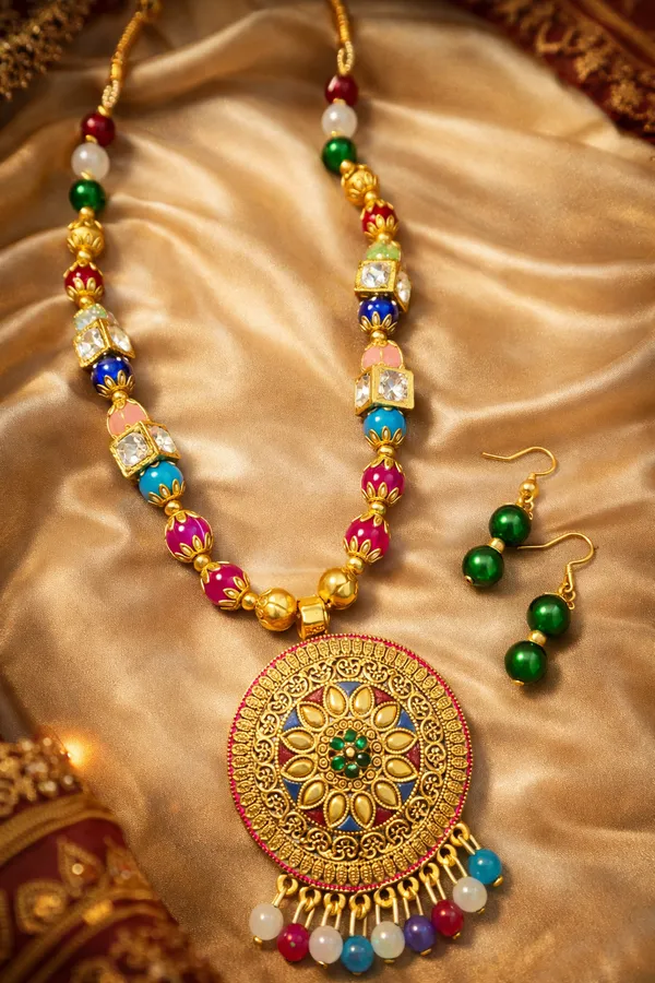 Gold_Plated_Hand_Crafted_Multicolour_String_Necklace_Set_With_Earings