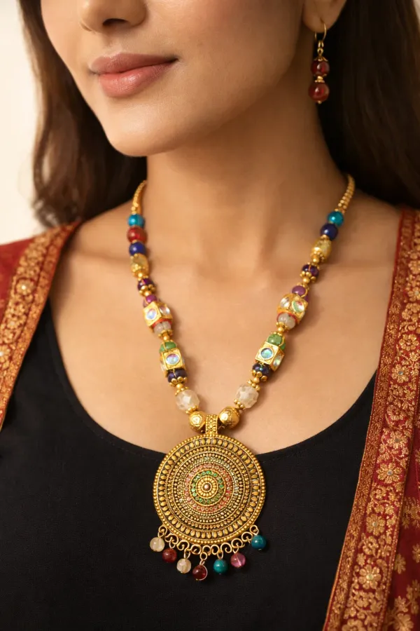Gold_Plated_Hand_Crafted_Multicolour_String_Necklace_Set_With_Earings