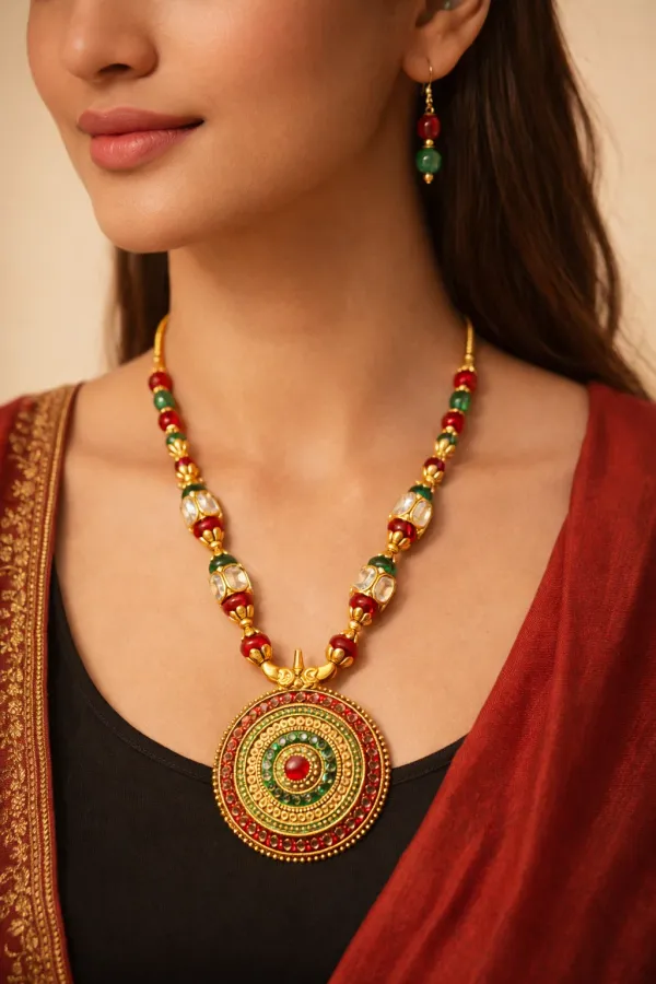 Gold_Plated_Hand_Crafted_Multicolour_String_Necklace_Set_With_Earings
