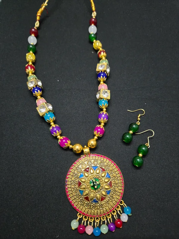 Gold_Plated_Hand_Crafted_Multicolour_String_Necklace_Set_With_Earings