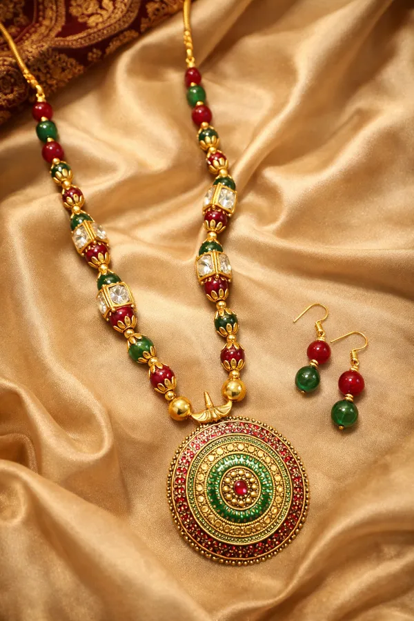 Gold_Plated_Hand_Crafted_Multicolour_String_Necklace_Set_With_Earings