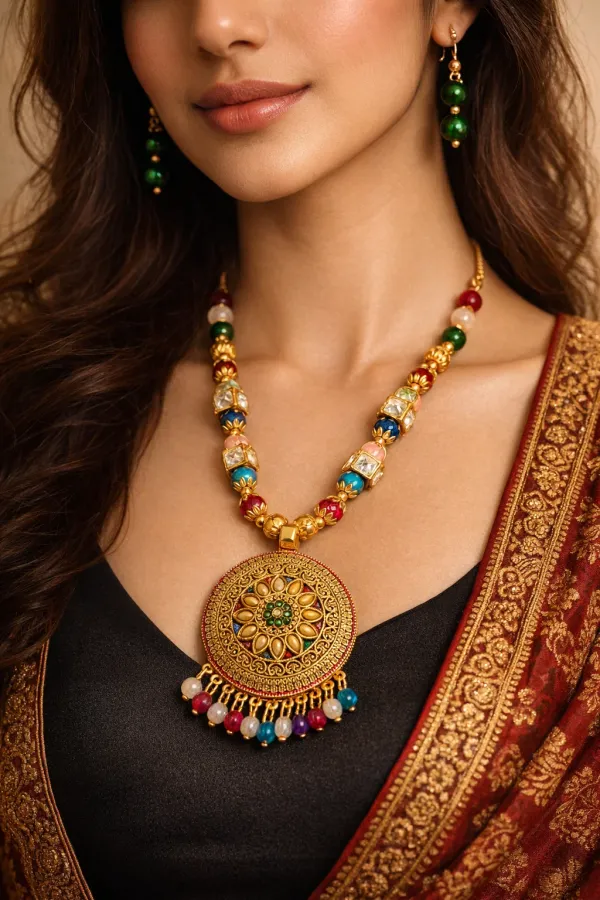 Gold_Plated_Hand_Crafted_Multicolour_String_Necklace_Set_With_Earings