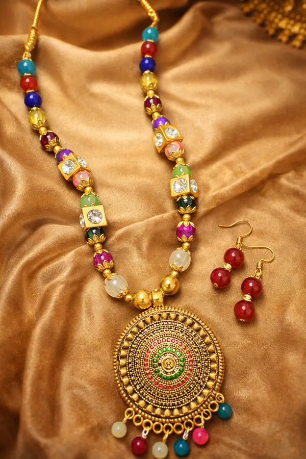 Gold_Plated_Hand_Crafted_Multicolour_String_Necklace_Set_With_Earings