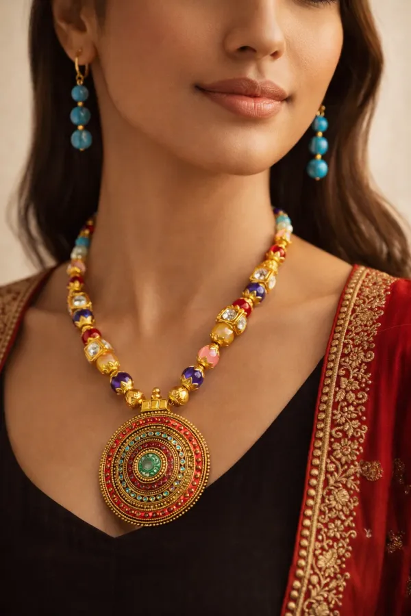 Gold_Plated_Hand_Crafted_Multicolour_String_Necklace_Set_With_Earings