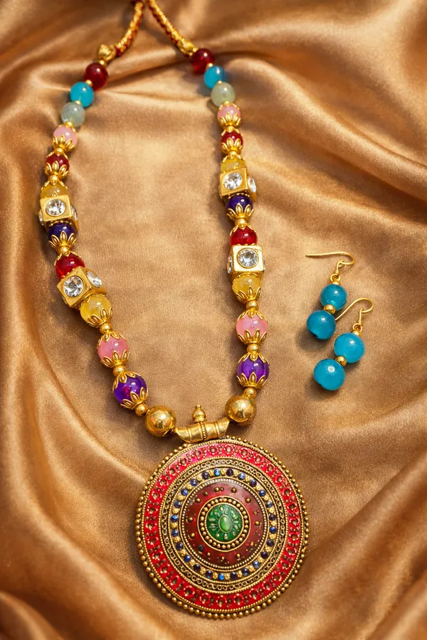 Gold_Plated_Hand_Crafted_Multicolour_String_Necklace_Set_With_Earings