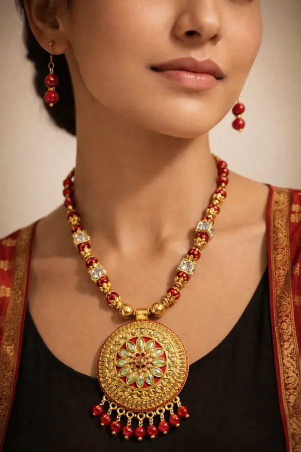 Gold_Plated_Hand_Crafted_Red_String_Necklace_Set_With_Earings