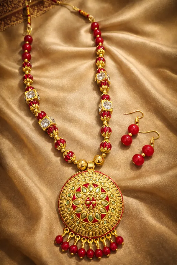 Gold_Plated_Hand_Crafted_Red_String_Necklace_Set_With_Earings