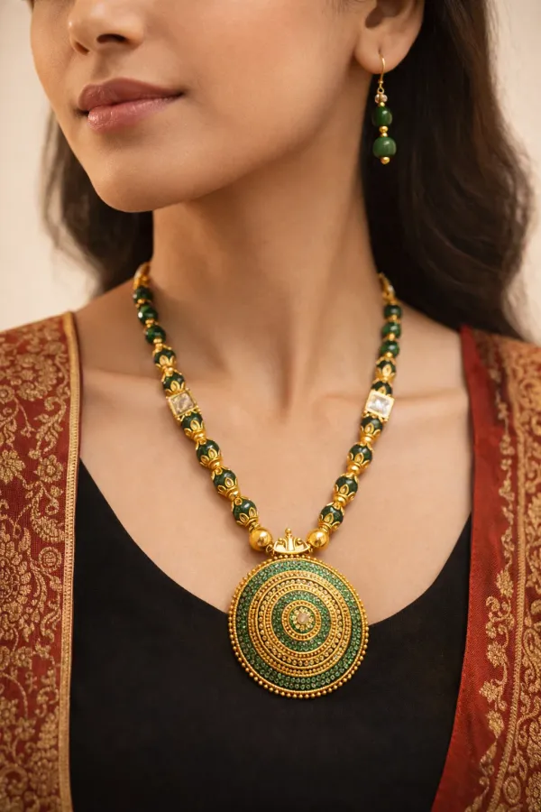 Gold_Plated_Hand_Crafted_Green_String_Necklace_Set_With_Earings
