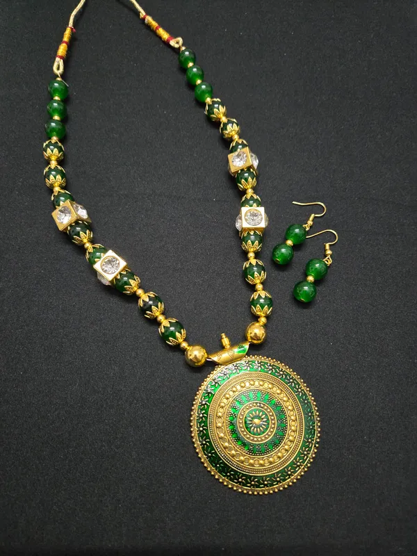Gold_Plated_Hand_Crafted_Green_String_Necklace_Set_With_Earings