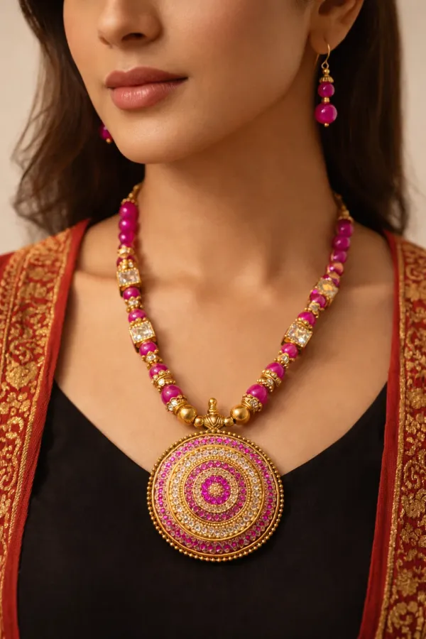 Gold_Plated_Hand_Crafted_Pink_String_Necklace_Set_With_Earings