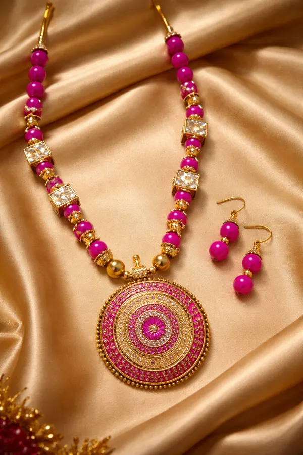 Gold_Plated_Hand_Crafted_Pink_String_Necklace_Set_With_Earings