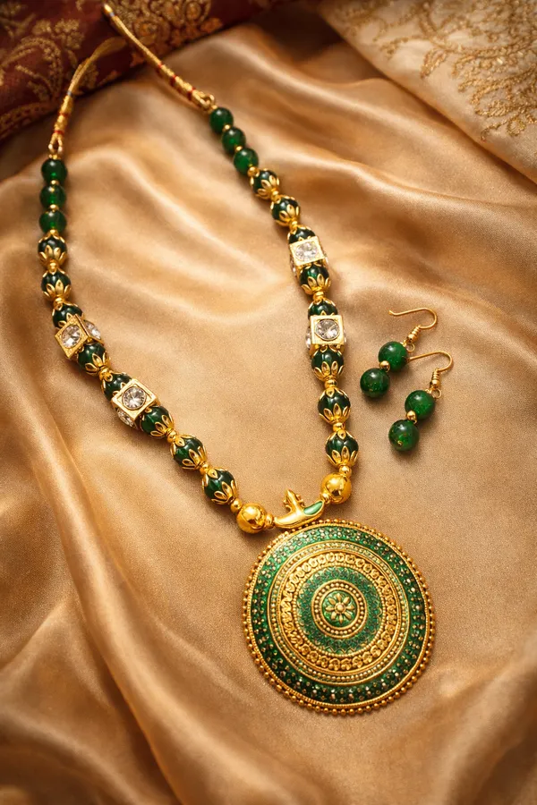 Gold_Plated_Hand_Crafted_Green_String_Necklace_Set_With_Earings
