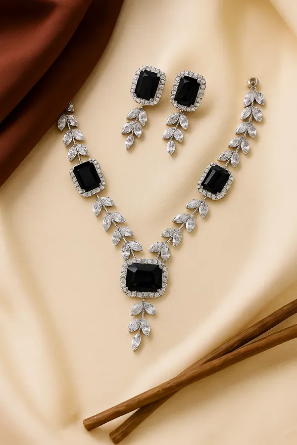 Silver_Plated_Black_American_Diamond_Set_With_Earrings_For_Women