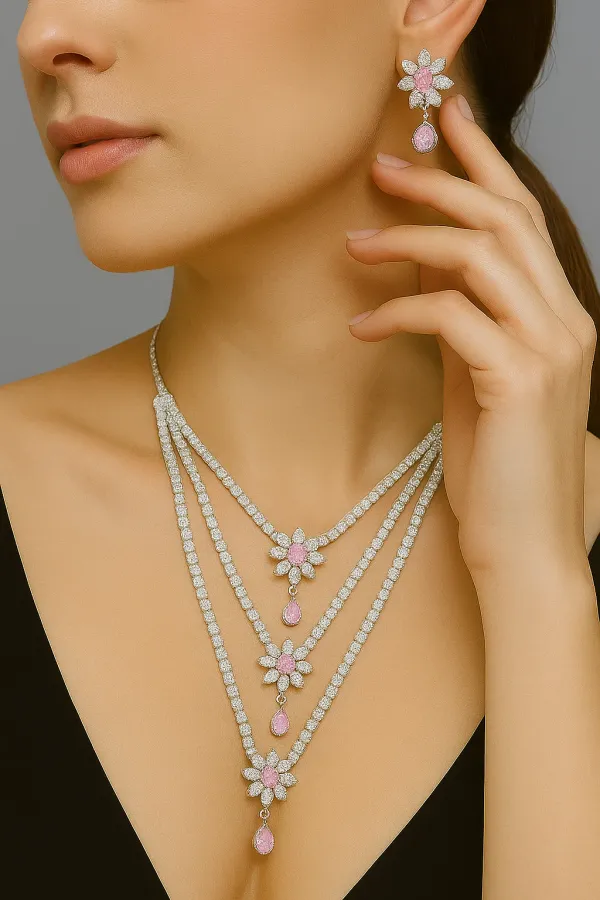 Silver_Plated_Pink_Three_Layer_American_Diamond_Set_With_Earrings_For_Women