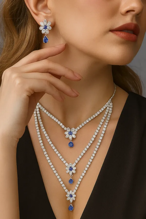 Silver_Plated_Royal_Blue_Three_Layer_American_Diamond_Set_With_Earrings_For_Women