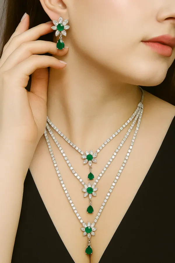 Silver_Plated_Green_Three_Layer_American_Diamond_Set_With_Earrings_For_Women