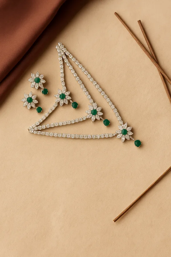 Silver_Plated_Green_Three_Layer_American_Diamond_Set_With_Earrings_For_Women
