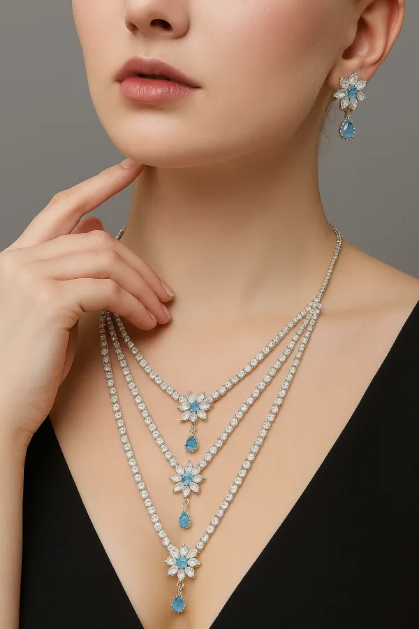 Silver_Plated_Crystal_Blue_Three_Layer_American_Diamond_Set_With_Earrings_For_Women