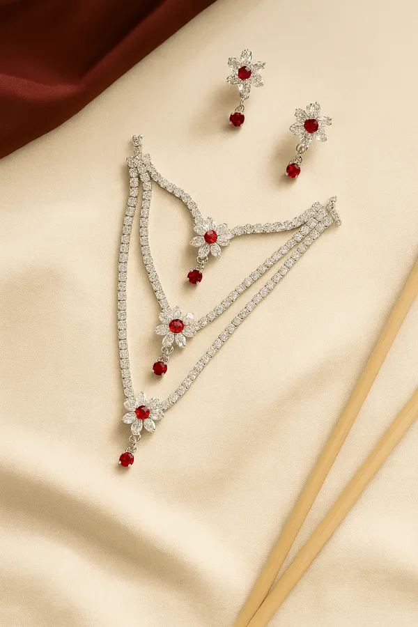 Silver_Plated_Red_Three_Layer_American_Diamond_Set_With_Earrings_For_Women